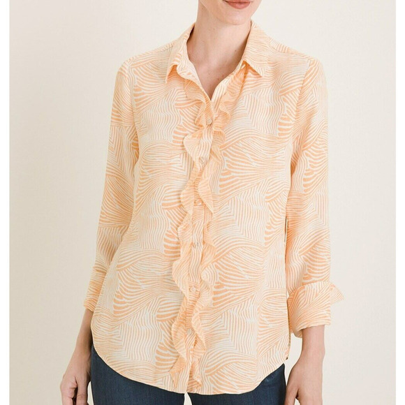 Chico's Zebra Print Ruffle Front Blouse Size Large / 2 Peach Button Up Shirt - Picture 1 of 11